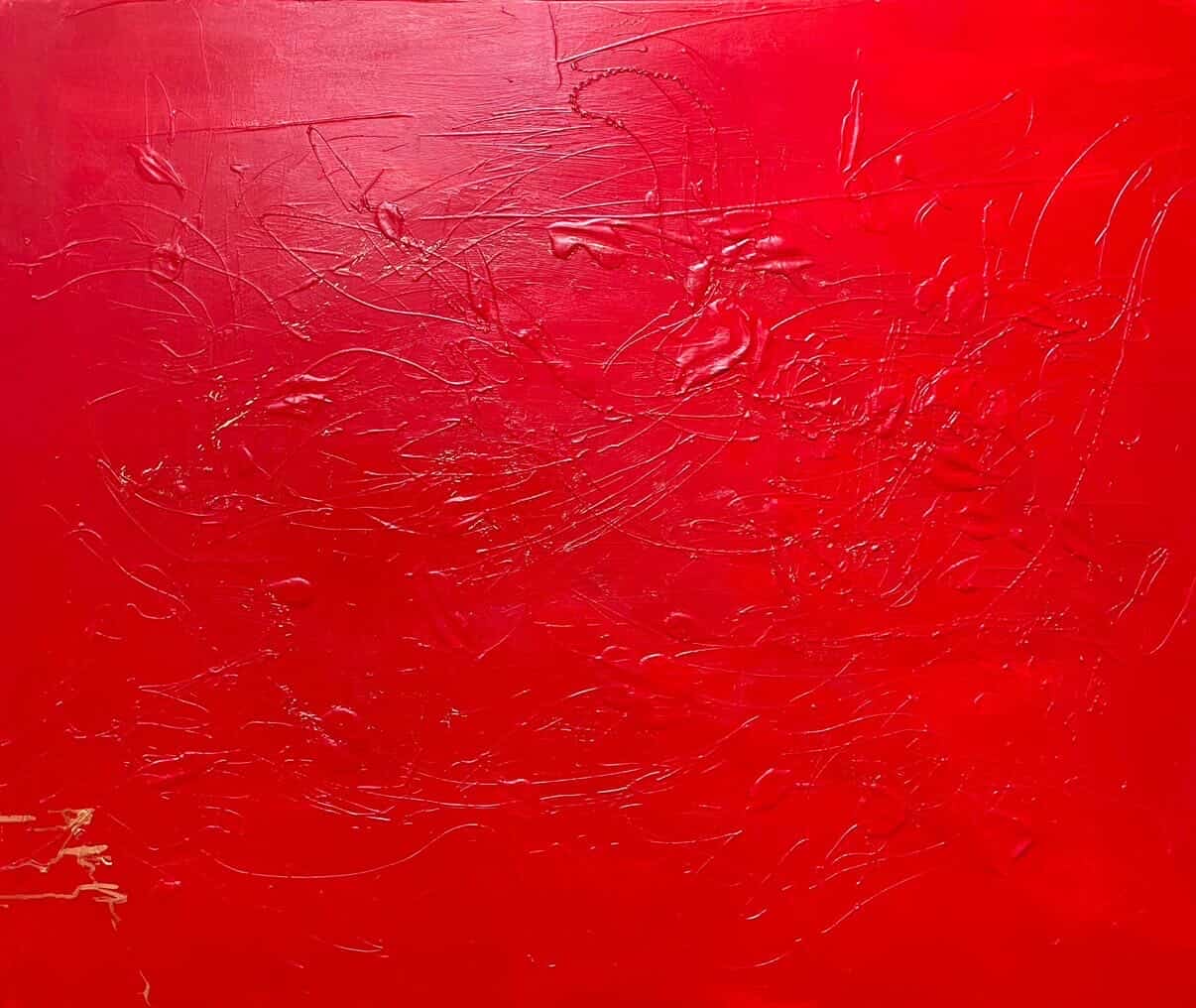 Monochrome red abstract painting with dense linear texture.