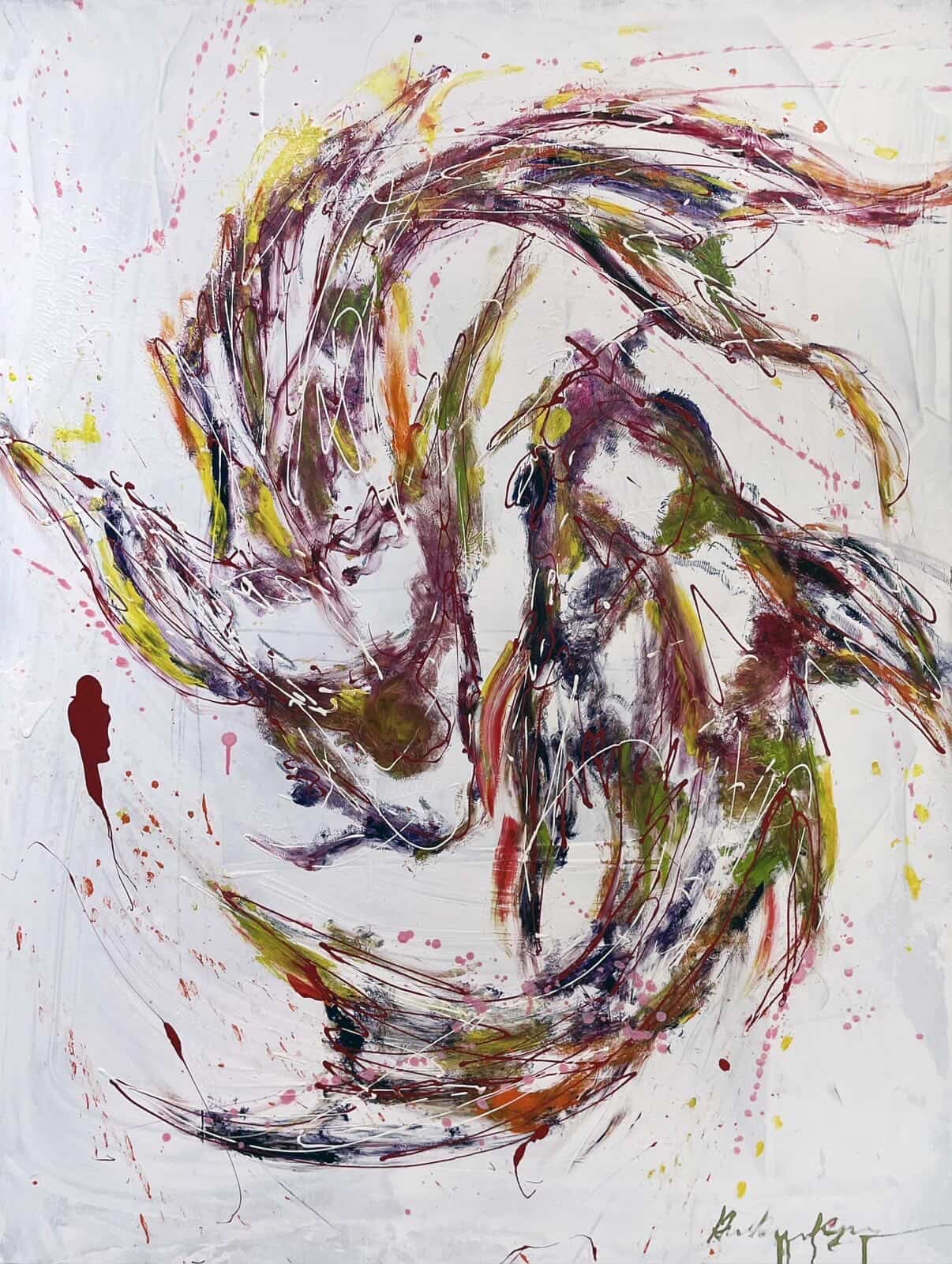 Two koi painted with gestural strokes and splattered accents.