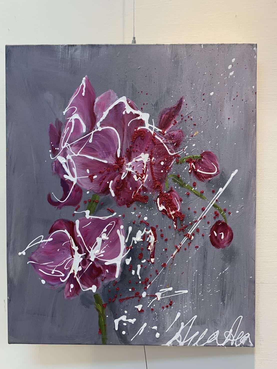 Expressive orchids in magenta against a grey scumbled ground.