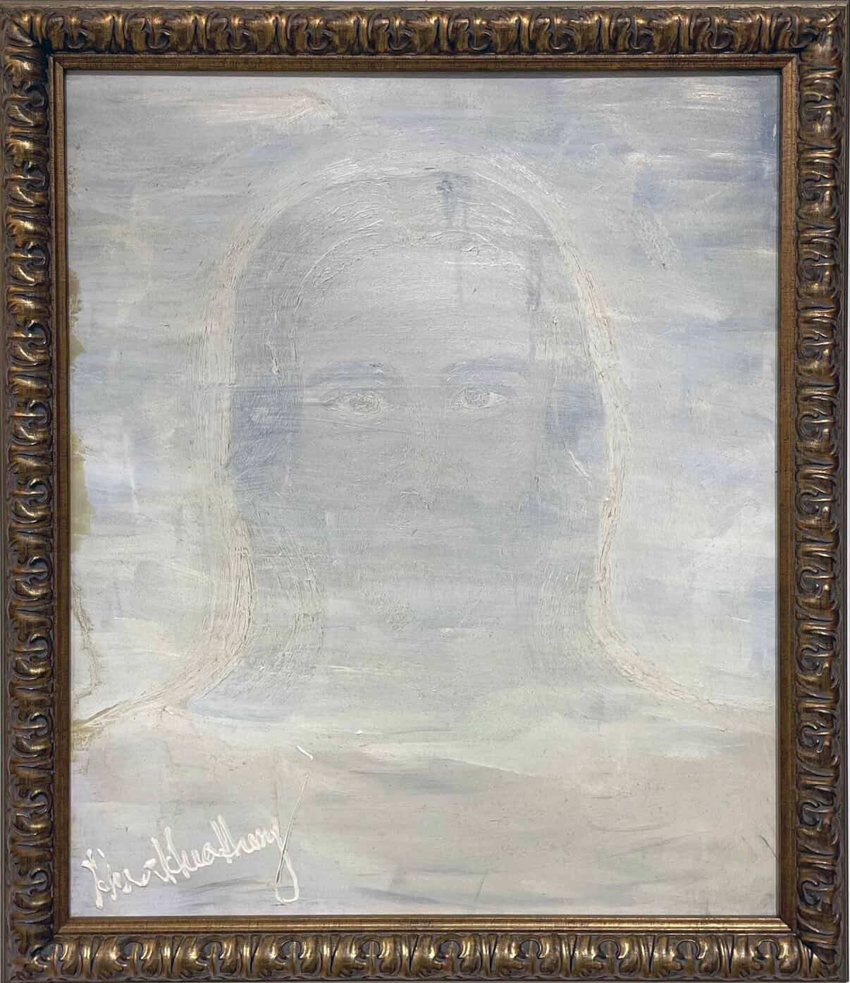 Pale figurative portrait emerging from a mist-like ground.