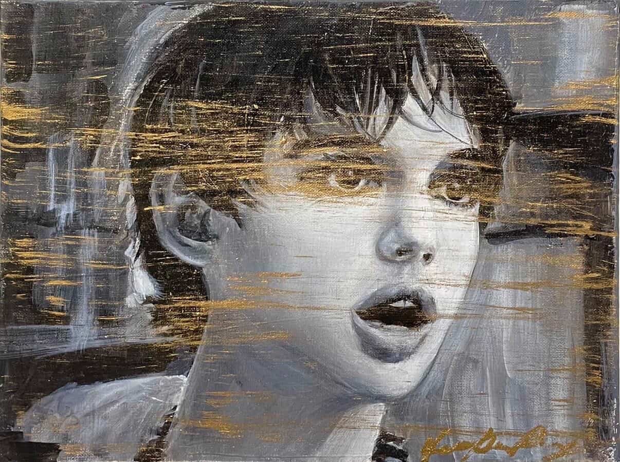 Portrait overlaid with horizontal metallic streaks.