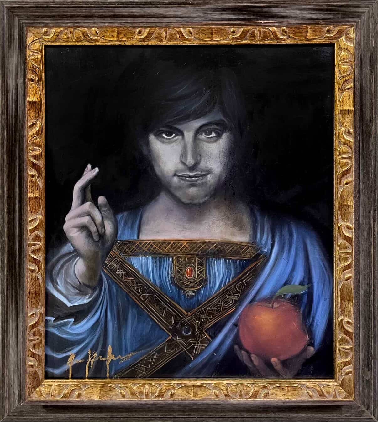 Renaissance-style portrait with a red apple in hand.