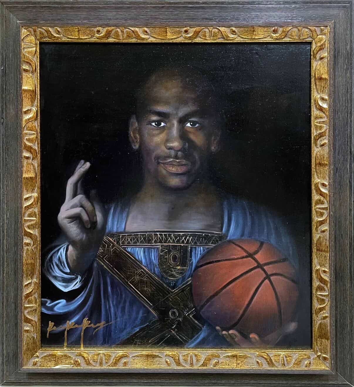 Renaissance-style portrait parody with a basketball orb.