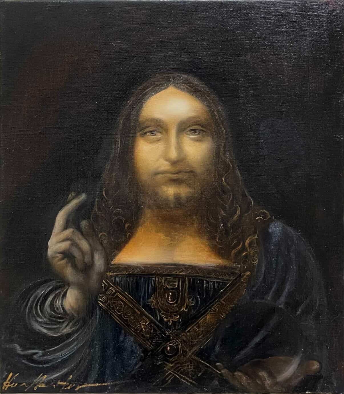Dark drapery portrait blending classical figure conventions.