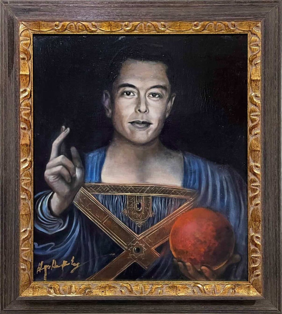 Oil portrait in Renaissance dress holding a red orb.