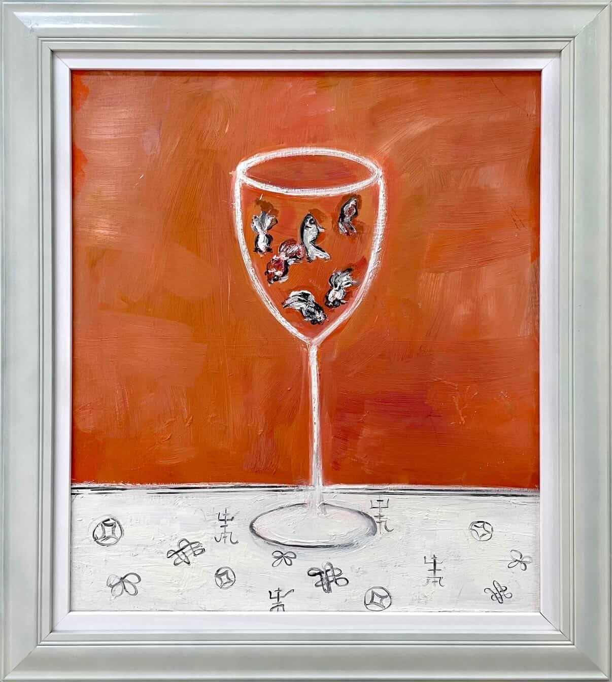 Symbolic still life with a tall glass and small fish forms.