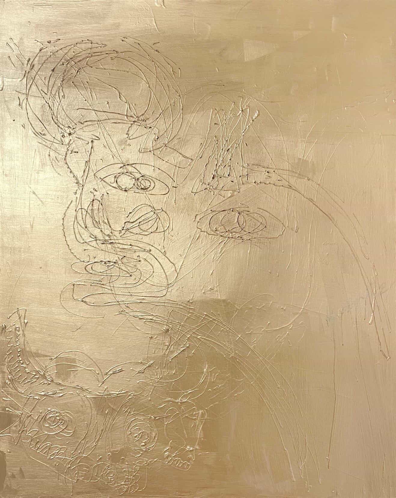 Metallic gold abstract portrait built from linear marks.