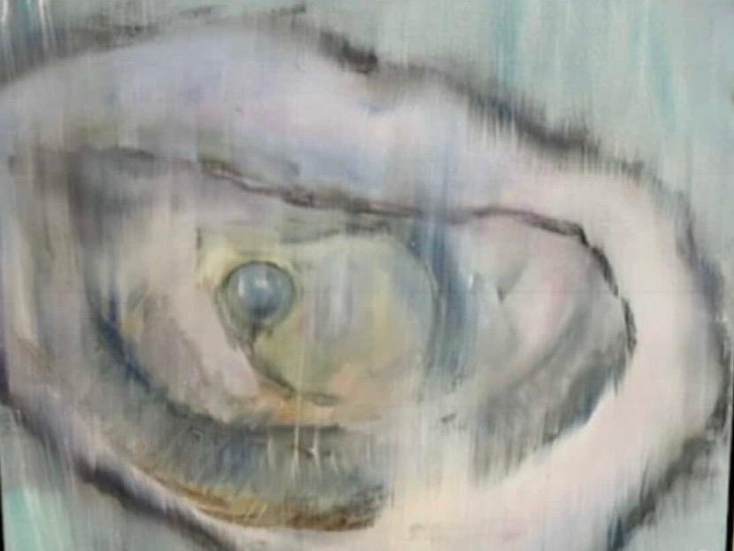 Soft abstract painting of an oyster shell with a pearl-like focal point.